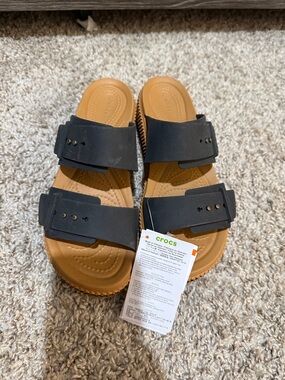 CROCS Two-Strap Black and Tan Slide Sandals